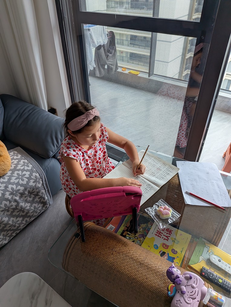 Gisele working on her history story book